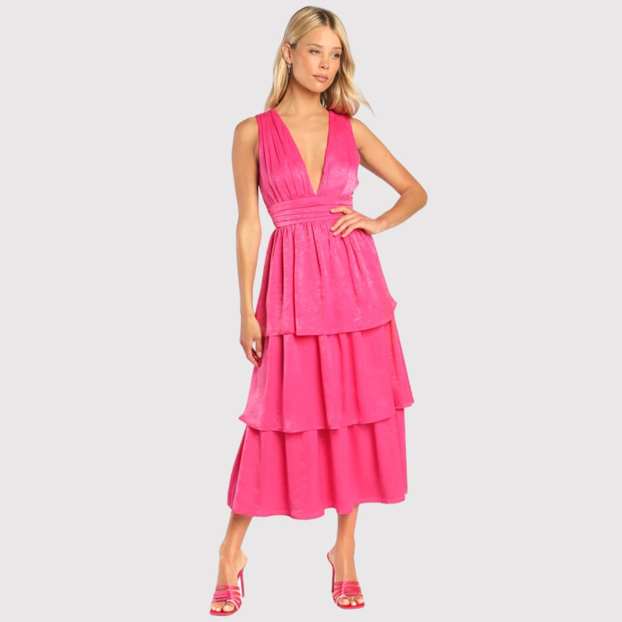 Lulus Dress Hot Pink Peak Party V Neck Layered Bow Tie Midi Barbiecore Large